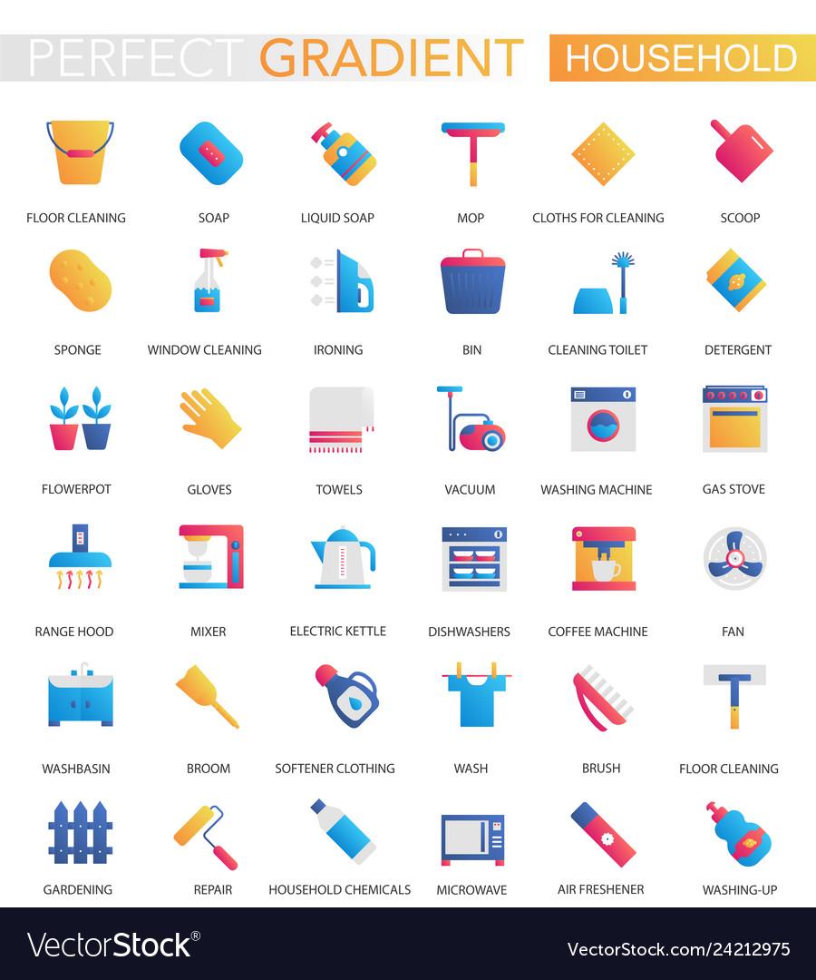 Set of trendy flat gradient household icons
