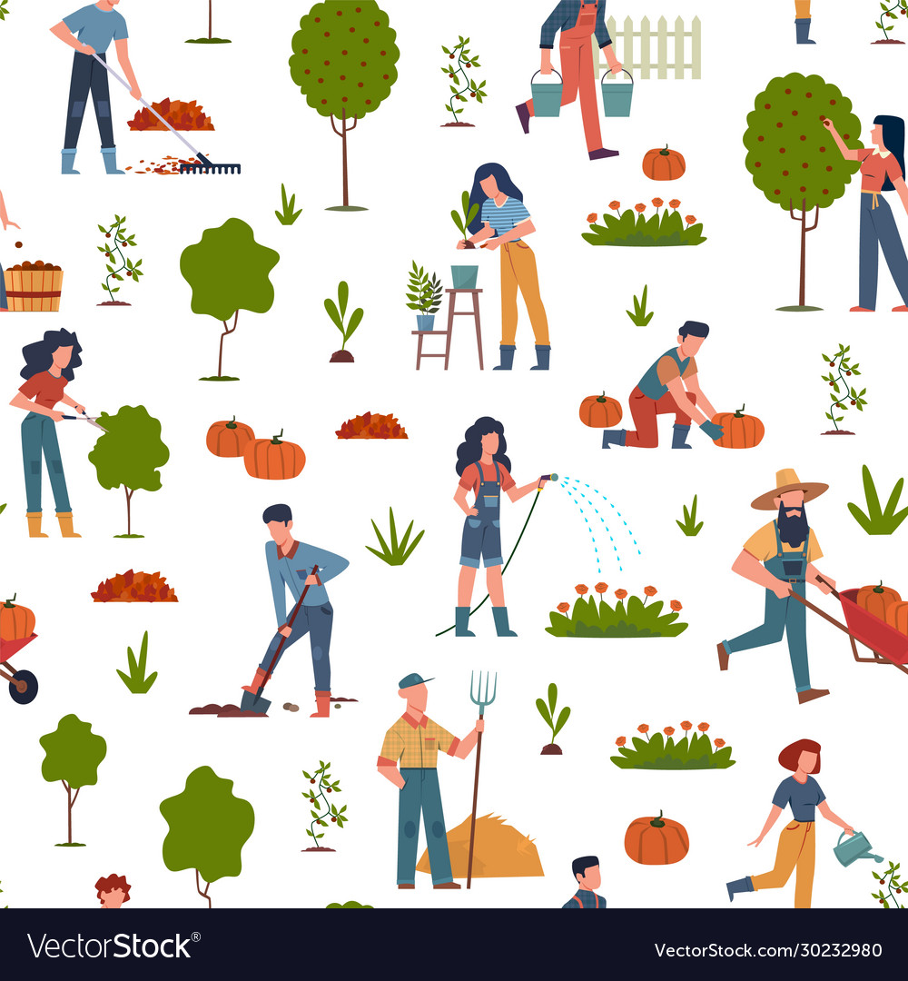 People gardening seamless pattern with farmers Vector Image