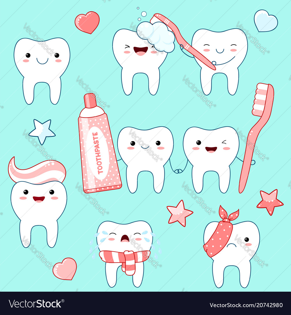 Set of cute teeth icons in kawaii style Royalty Free Vector