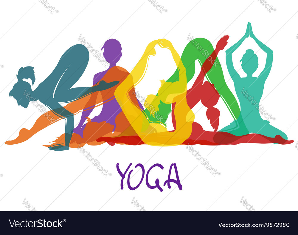 Seven silhouettes girl in yoga poses Royalty Free Vector