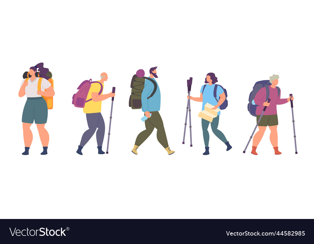 Cartoon color characters people hiking