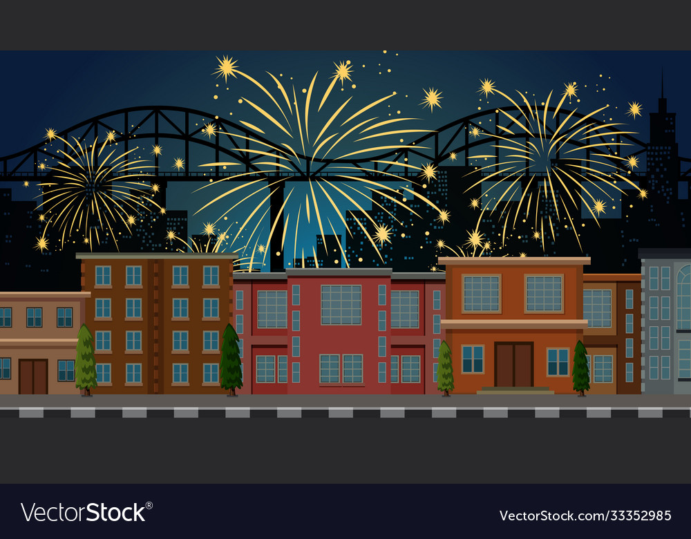 Cityscape with celebration fireworks scene