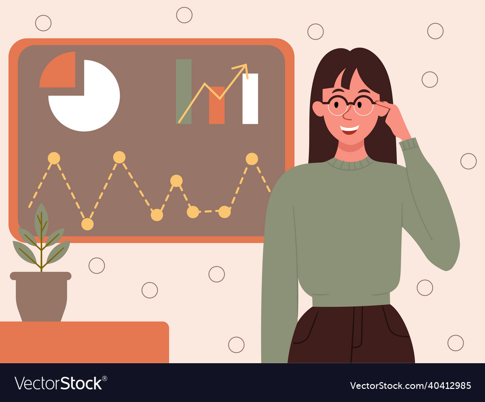 Smiling analyst adjusts the glasses while working