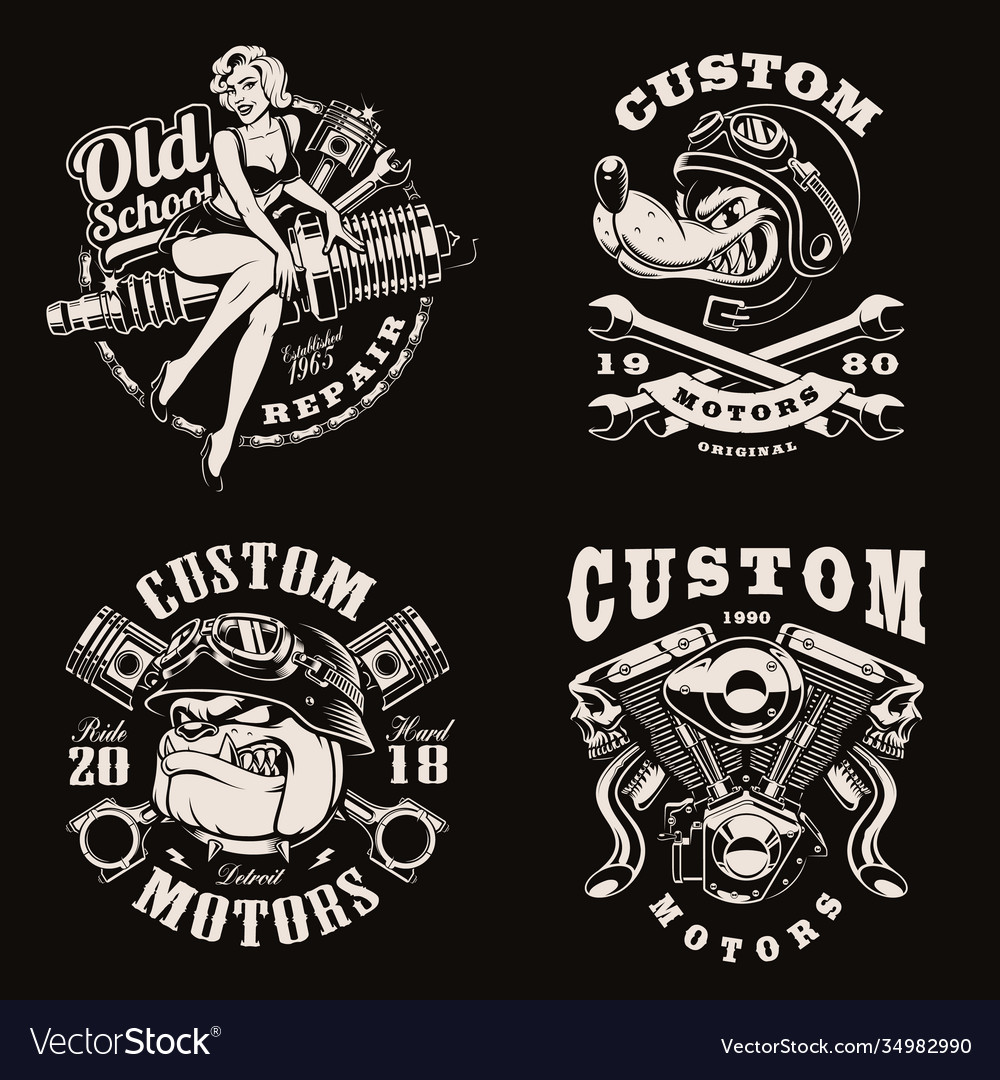 A set black and white vintage biker emblems vector image A set black and white vintage biker emblems