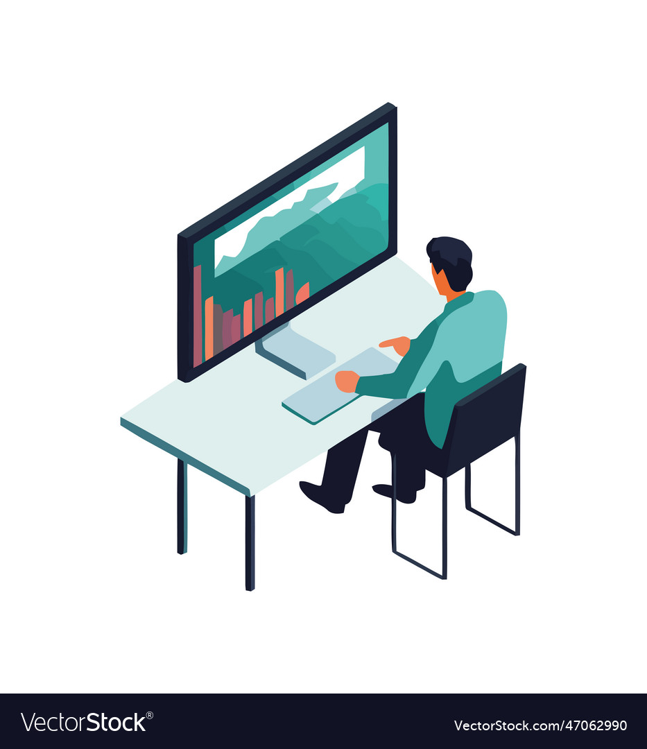 Business guy working at desk with computers Vector Image