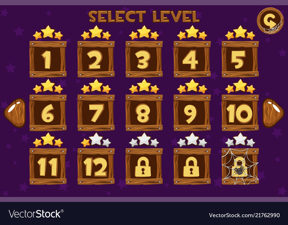 Cartoon wooden level selection screen game ui set Vector Image