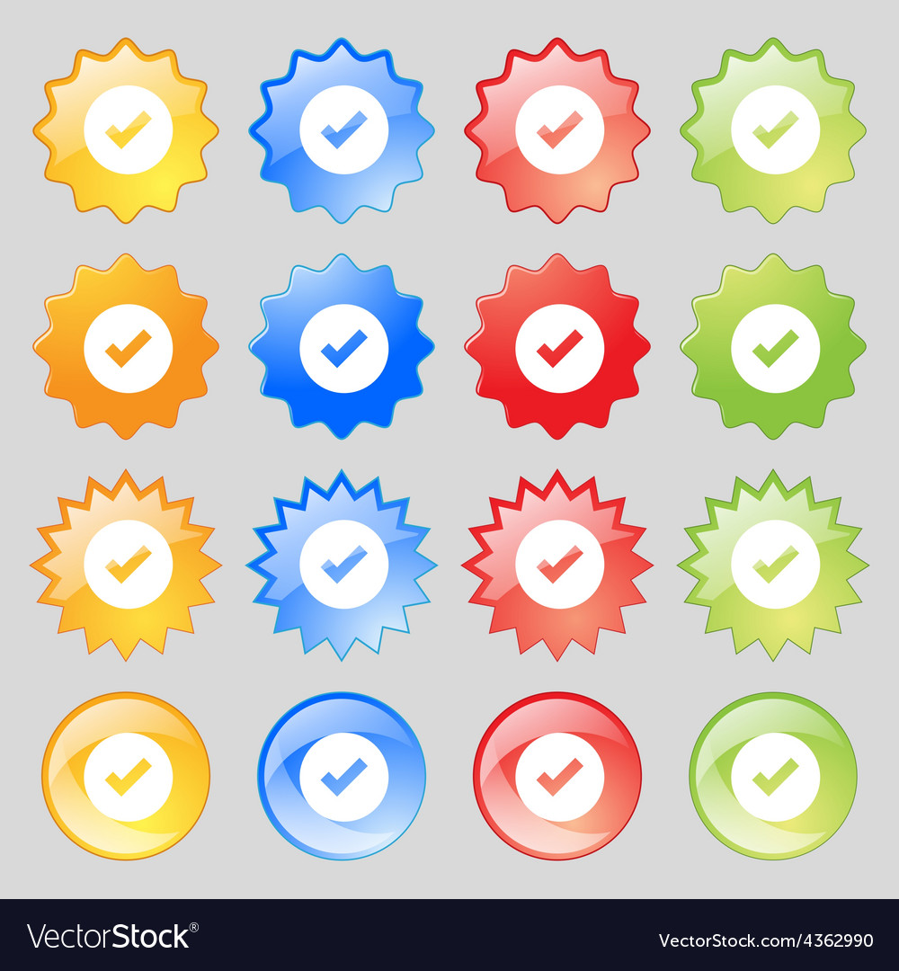 Check mark tik icon sign big set of 16 colorful