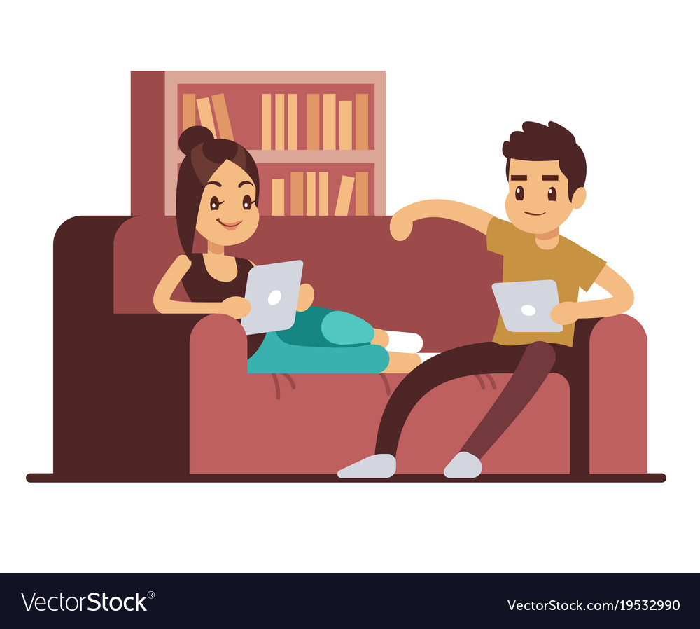 Happy couple on sofa with tablets young man Vector Image