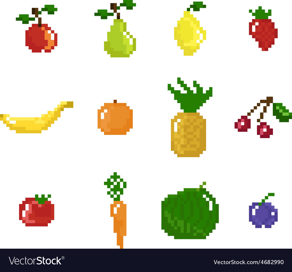 Pixel art style fruits vegetables and berries