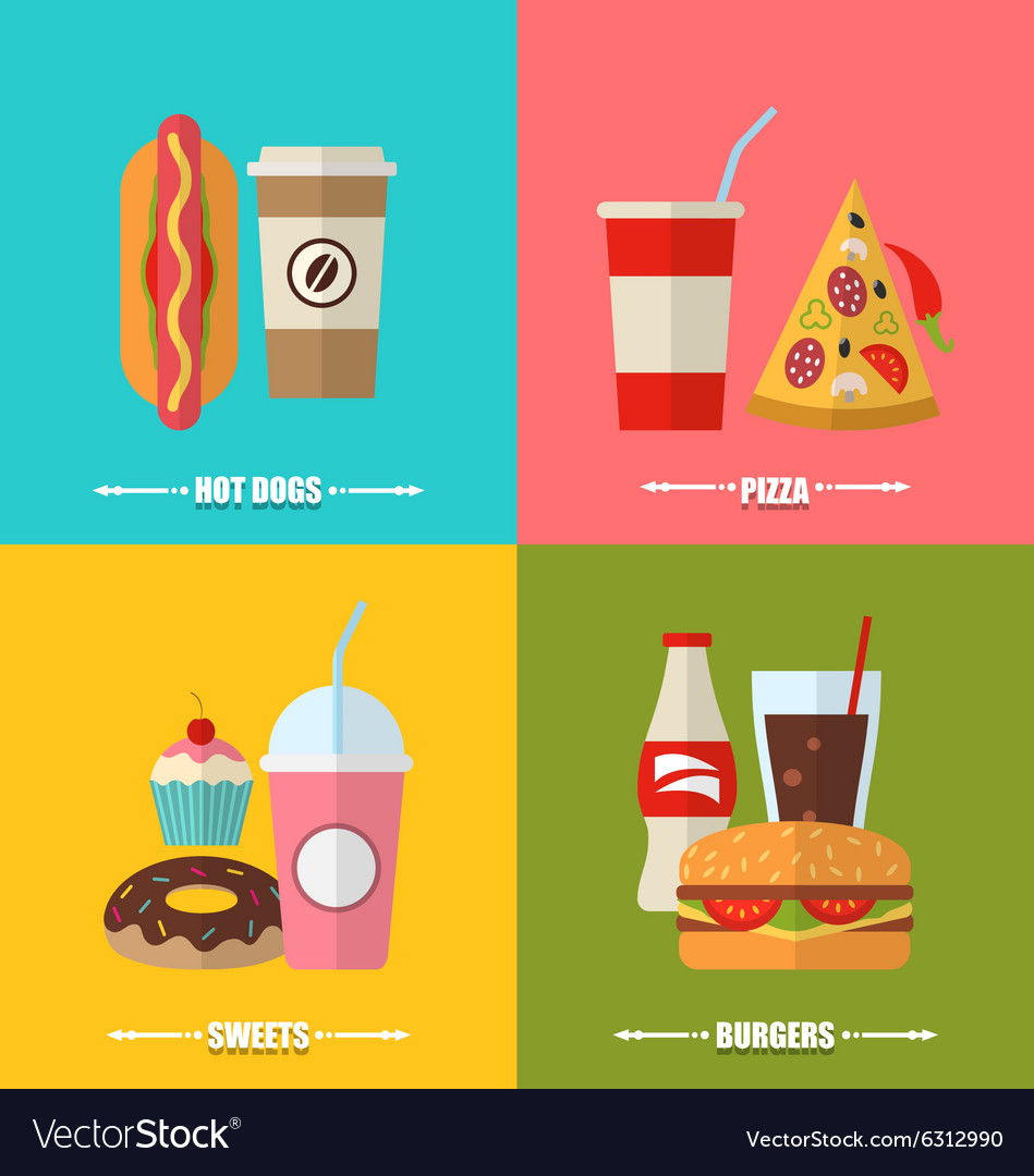 Set fast food hotdog cola flat icons