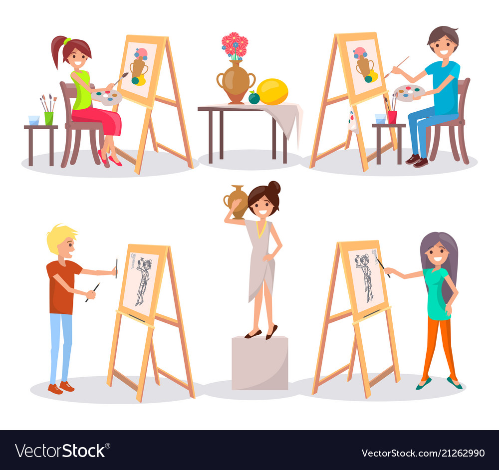 Students draw and paint isolated Royalty Free Vector Image