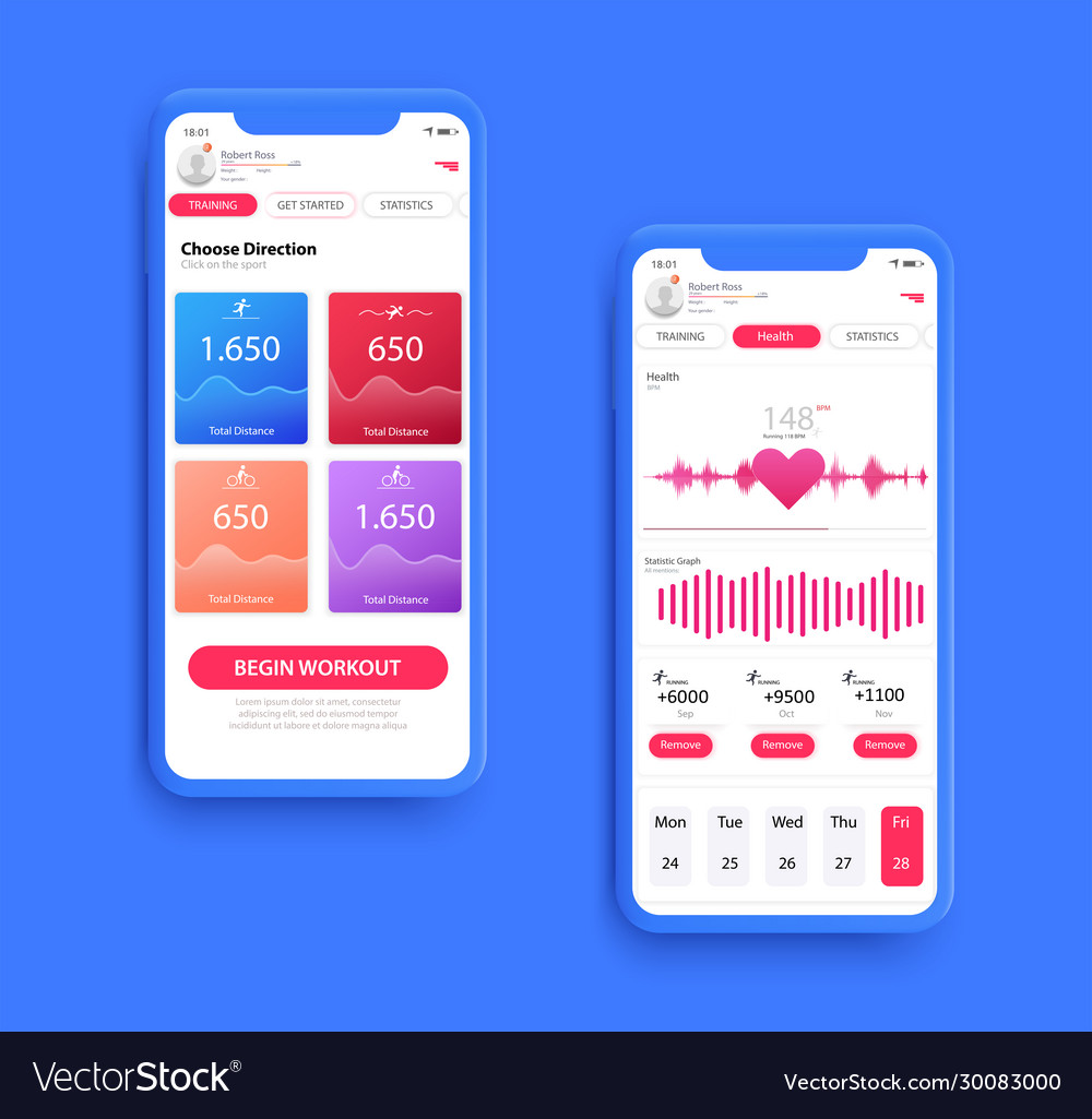 Different ui ux gui screens fitnes app and flat Vector Image