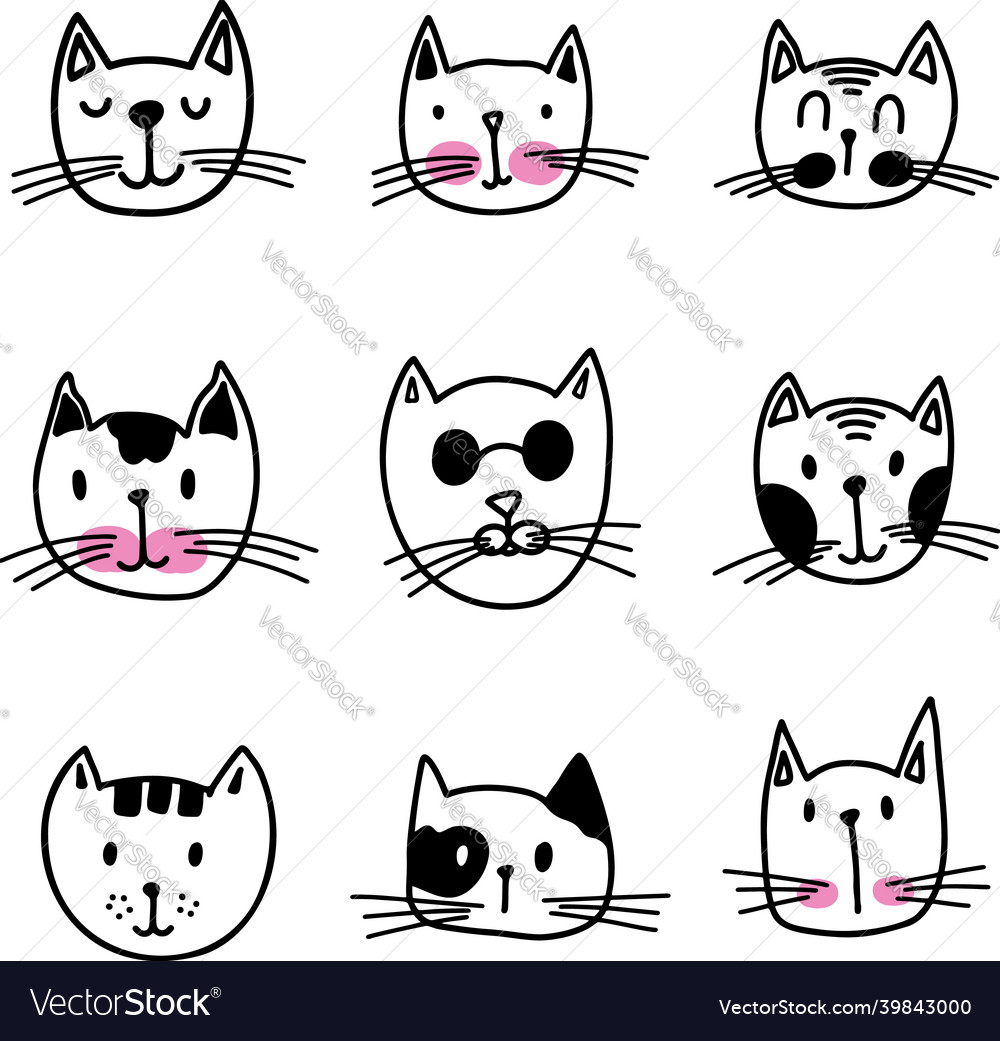 Set of doodle cat heads design element vector image Set of doodle cat heads design element