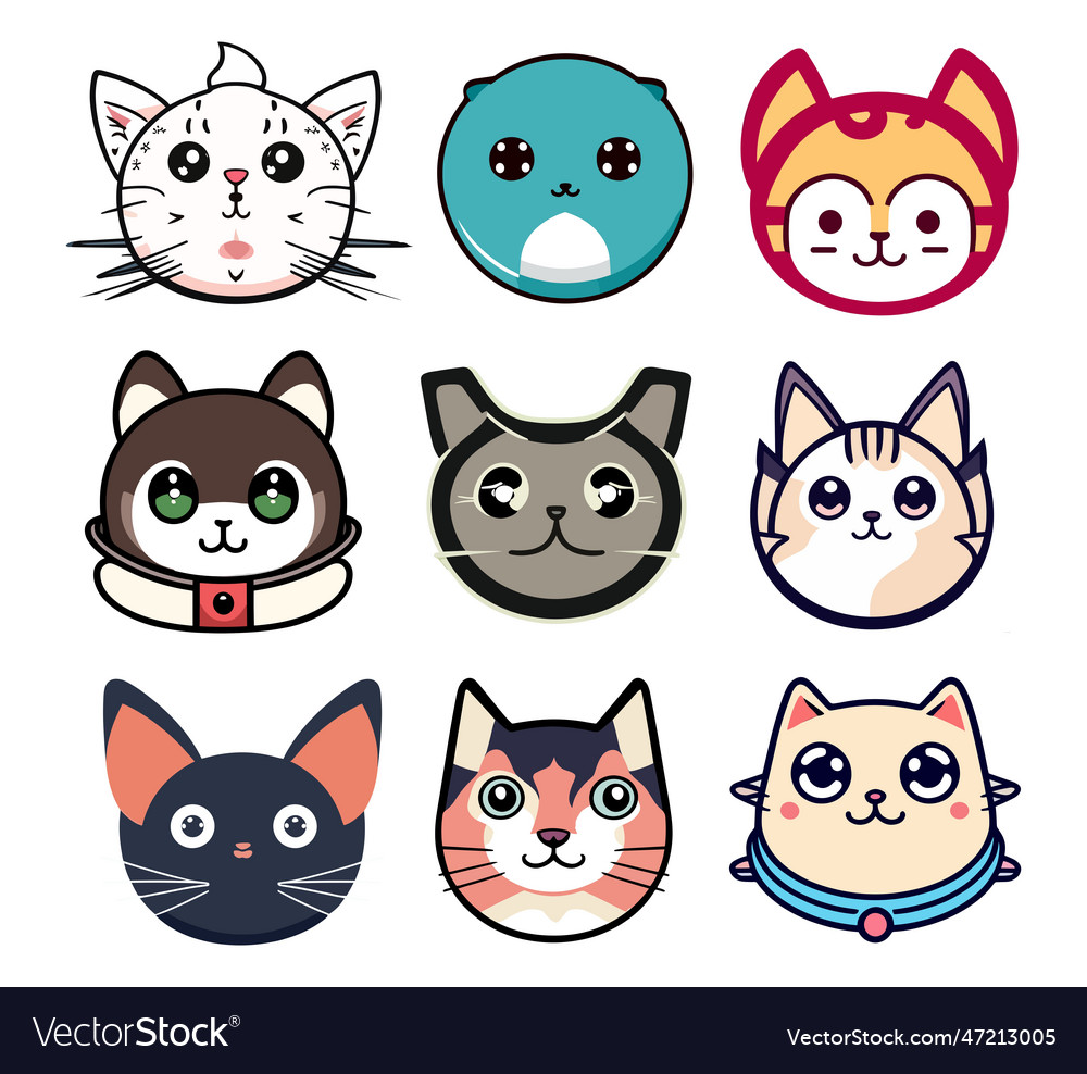 Set of cute cat faces cartoon doodle icons Vector Image