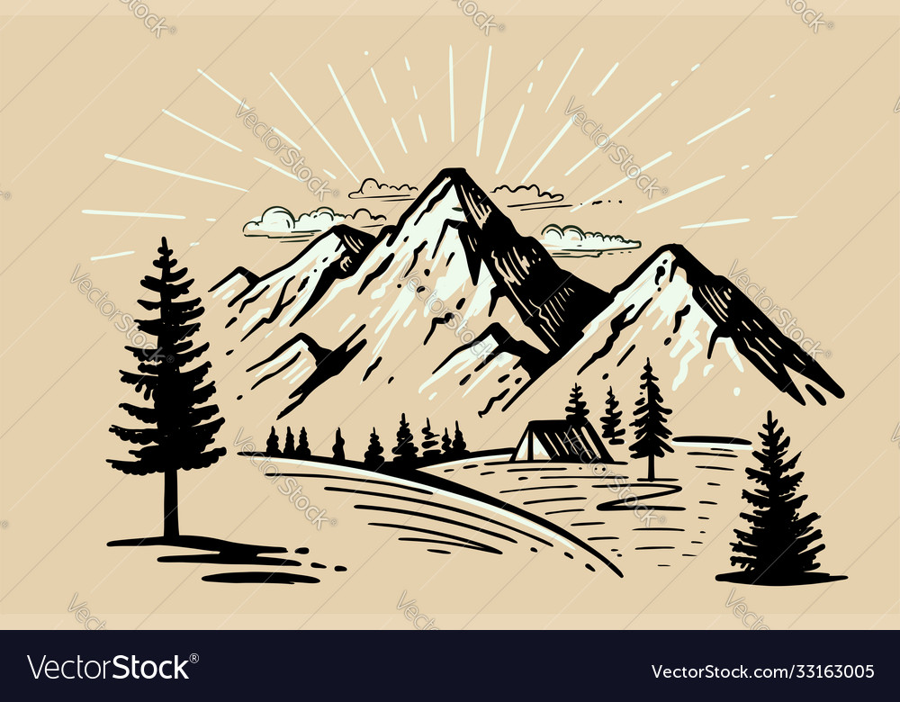 Tent camping in forest near mountains vector image Tent camping in forest near mountains