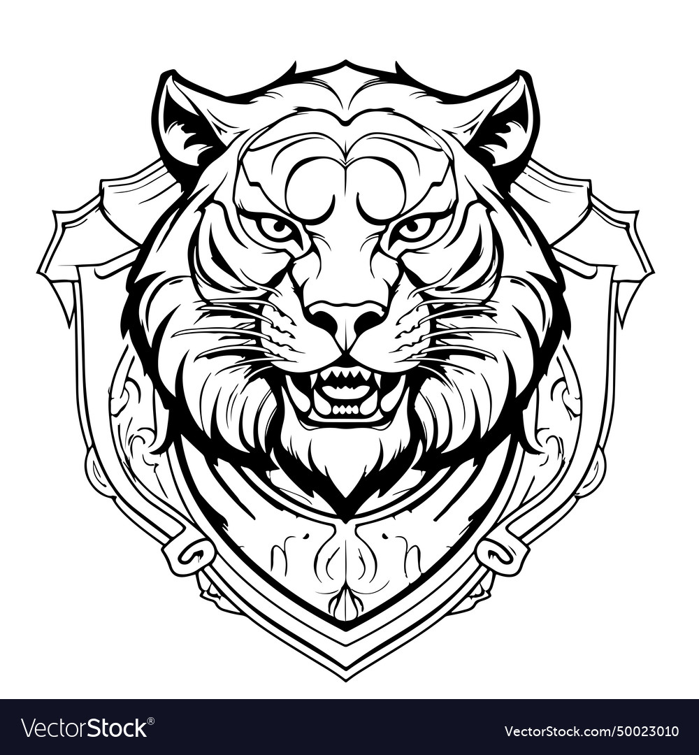 Roaring tiger head in simple heraldic shield Vector Image