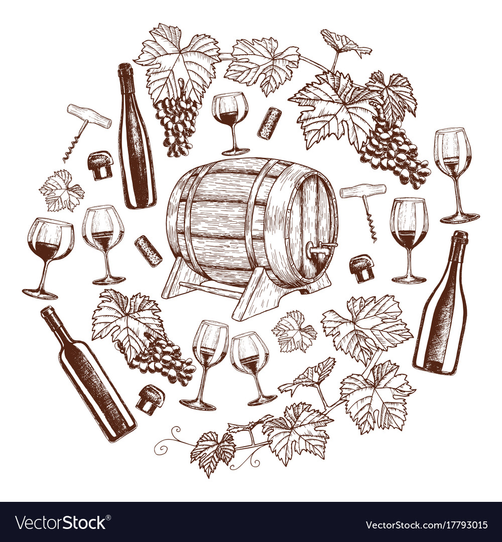 Set of sketch wine icons in circle shape