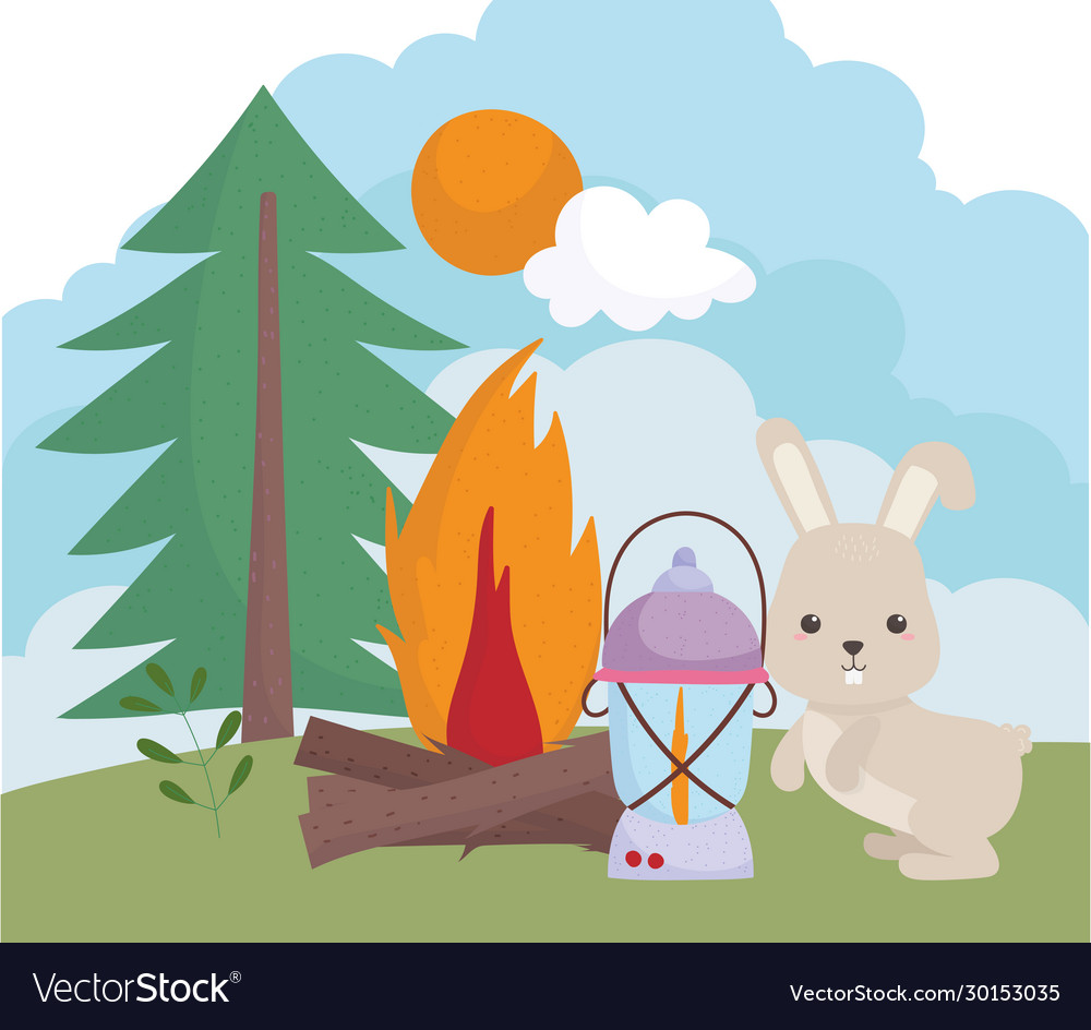 Camping cute rabbit lantern bonfire tree sun