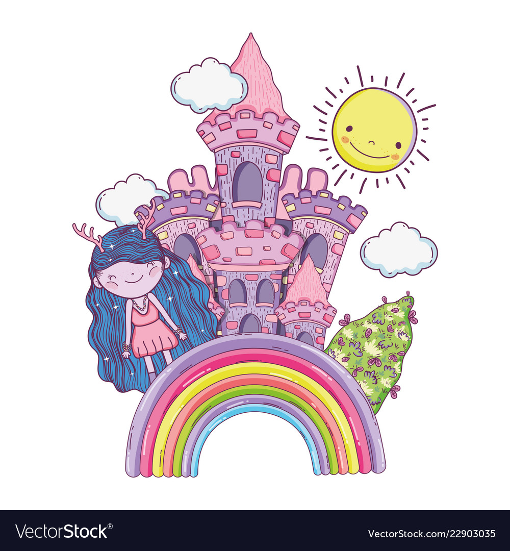 Cute little fairy with castle and rainbow