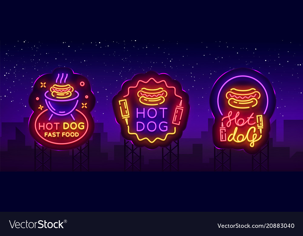 Hot dog collection neon signs hot dog set Vector Image