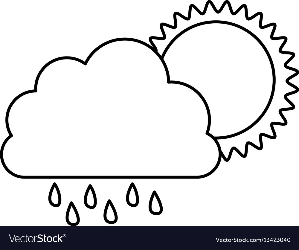 Monochrome contour of cloud with rain and sun Vector Image