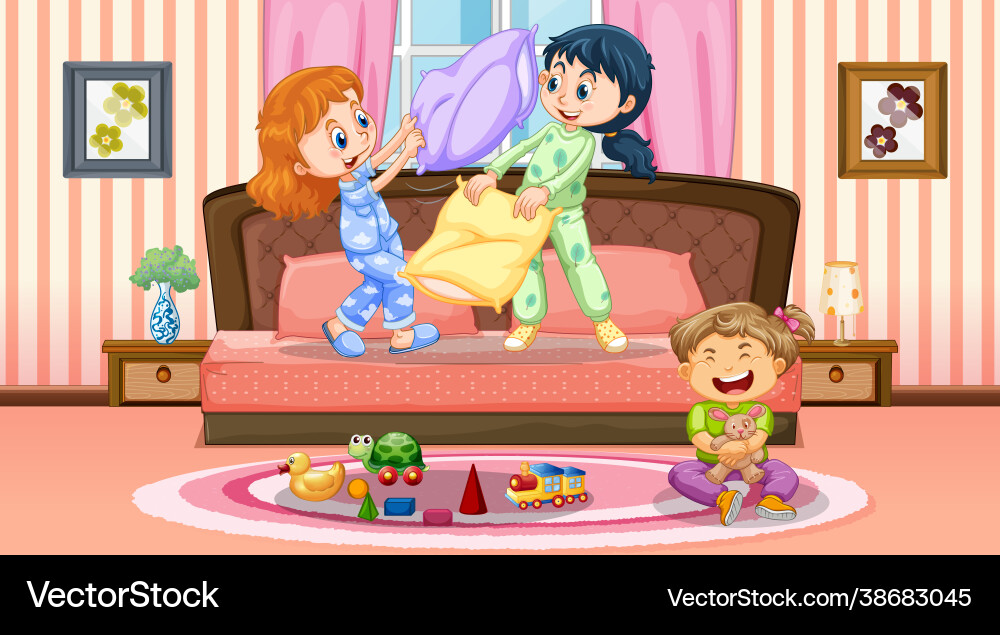 Children playing in bedroom scene Royalty Free Vector Image