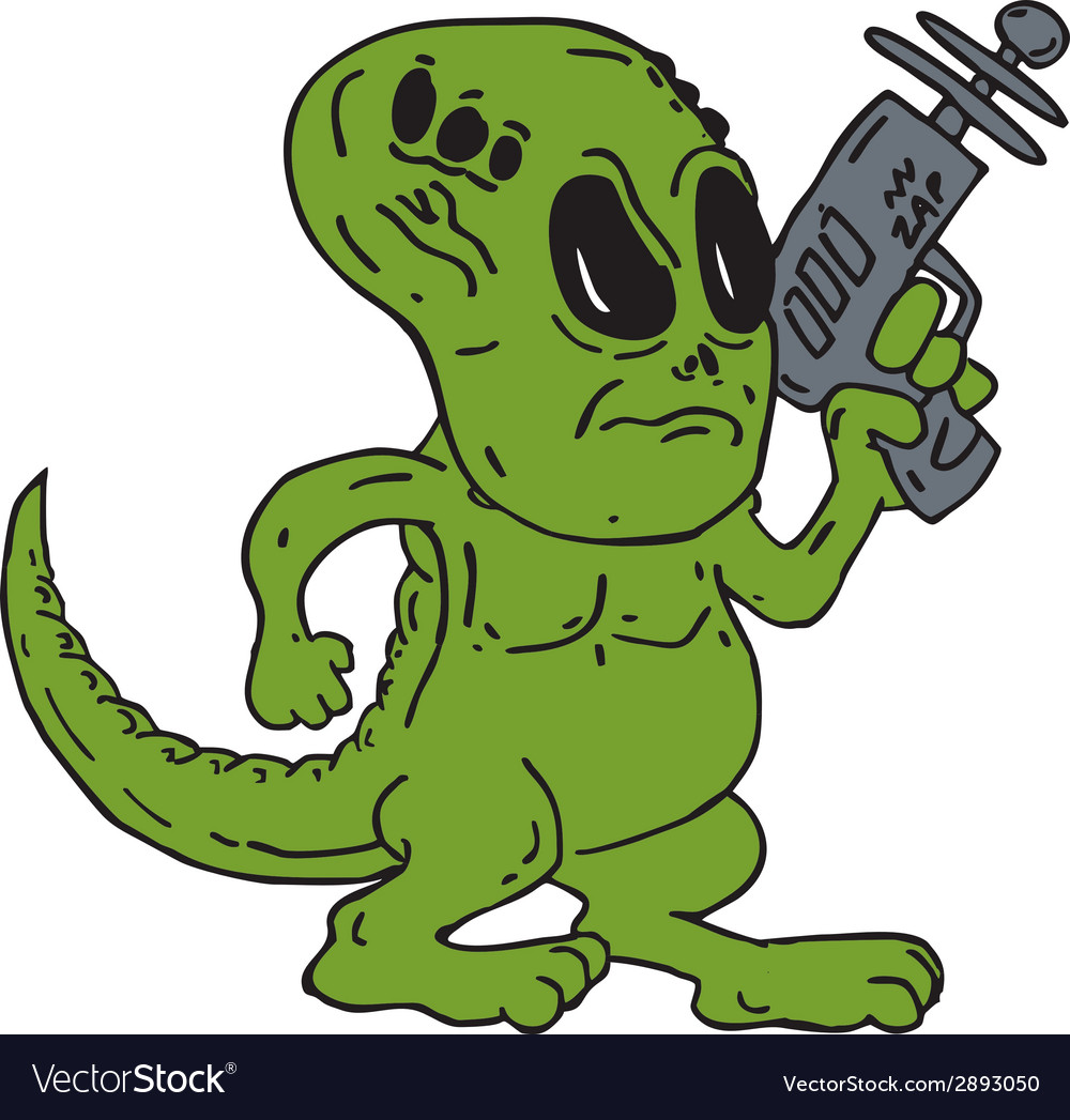 Alien dinosaur holding ray gun cartoon Royalty Free Vector