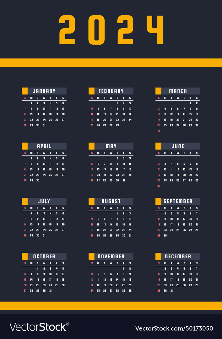 Single Page Wall 2024 Calendar Royalty Free Vector Image