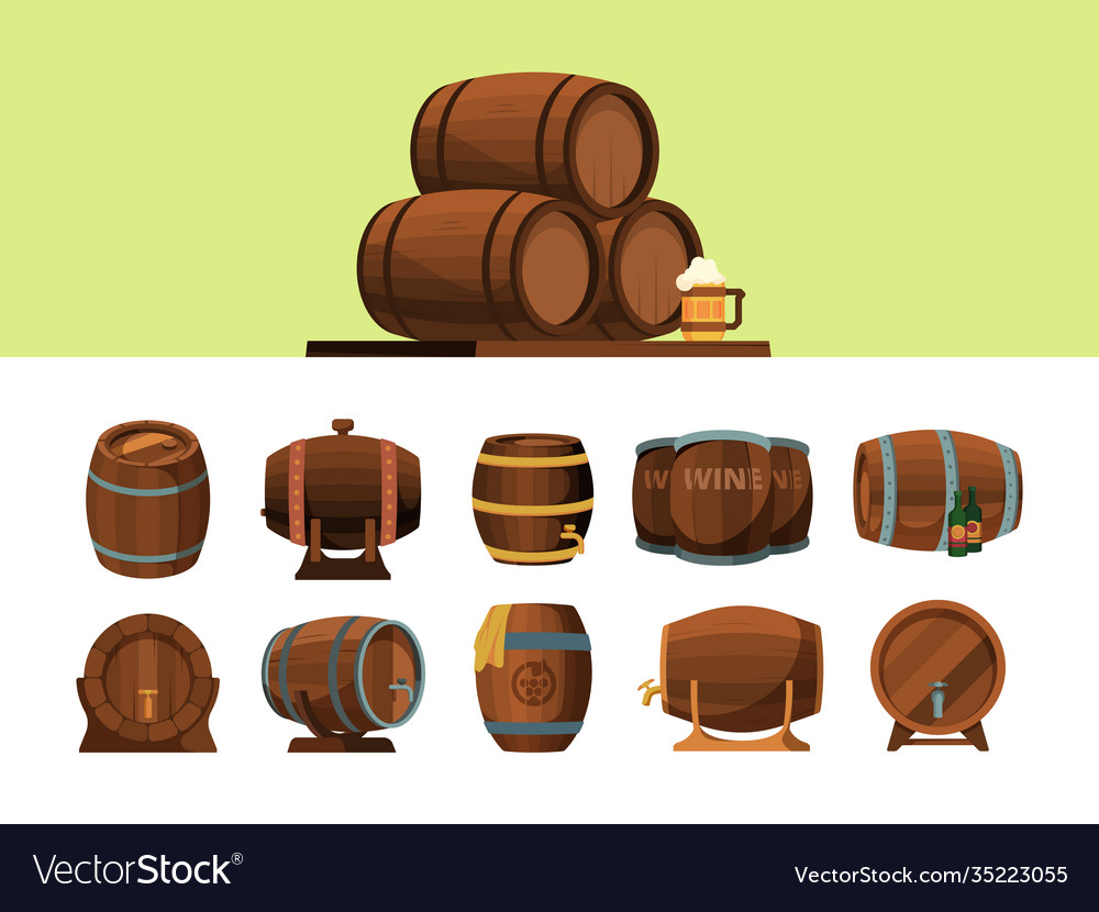 Barrels wooden cartoon barrel for alcohol Vector Image