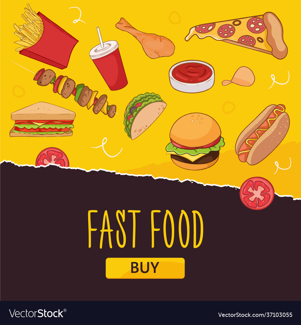 Bright yellow fast food banner template burger Vector Image