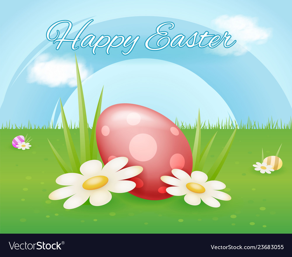 Colorful painted easter egg on flower grass sky Vector Image