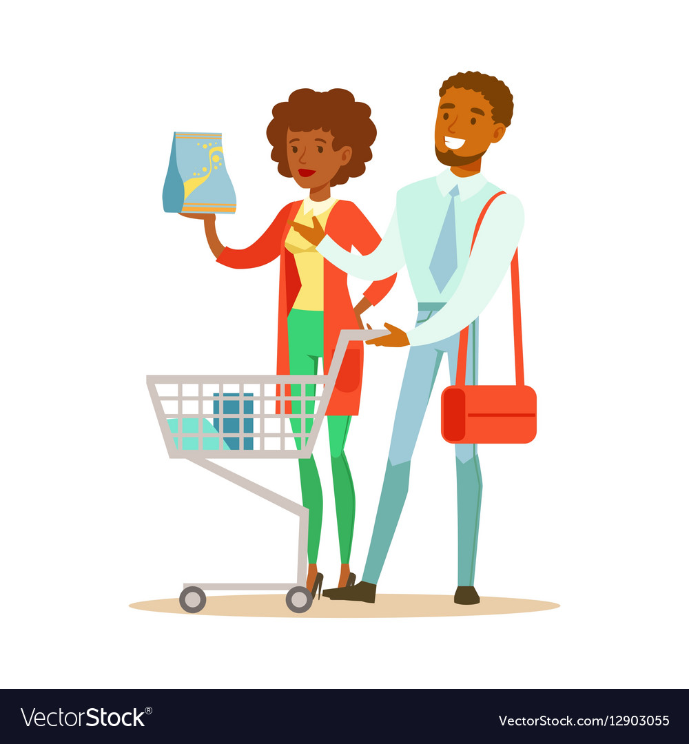 Couple With Household Chemisry Cart Shopping In Vector Image