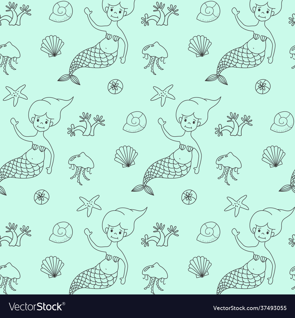 Seamless pattern with cartoon mermaids