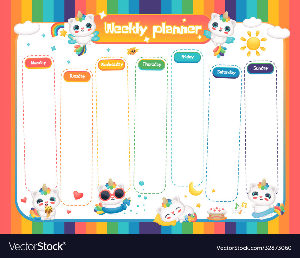 weekly planner with cute caticorns template vector image