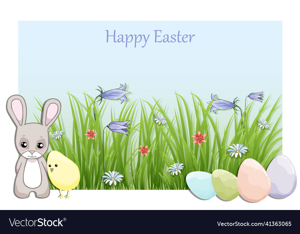 Happy easter greeting card with rabbit chicken