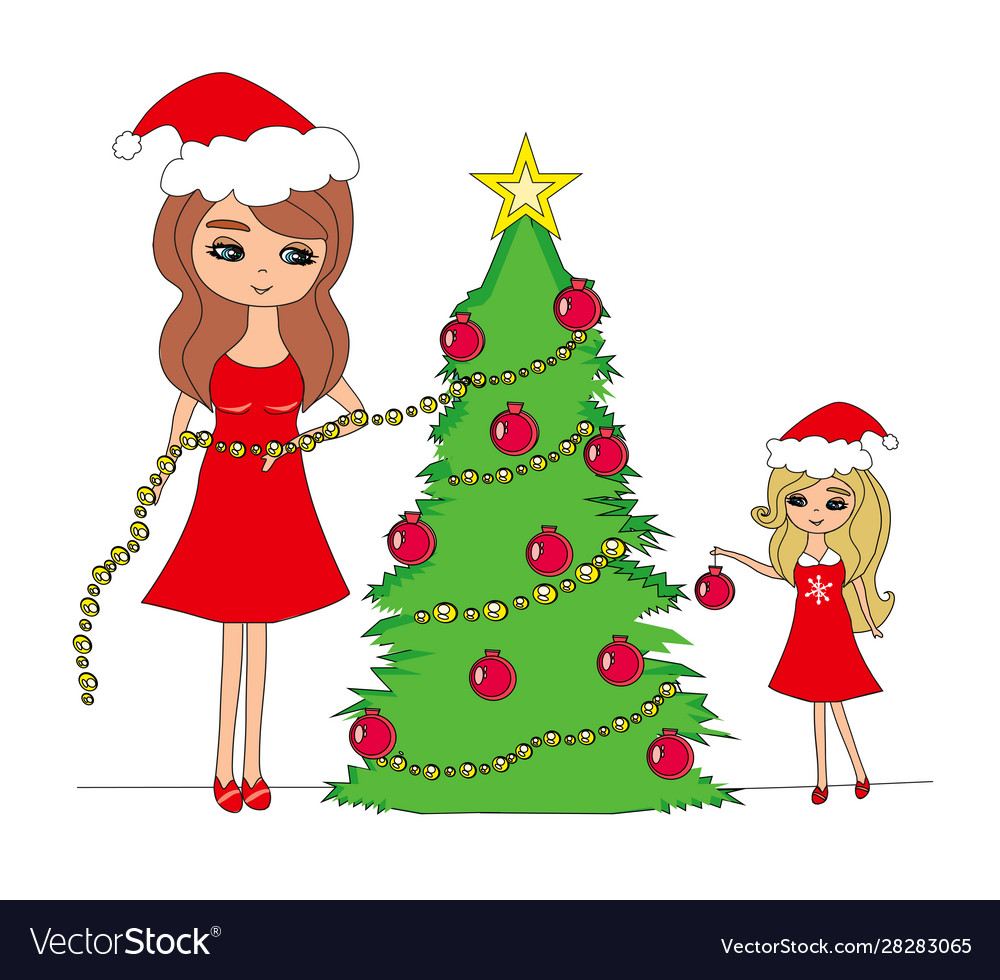 Mother and daughter decorate christmas tree