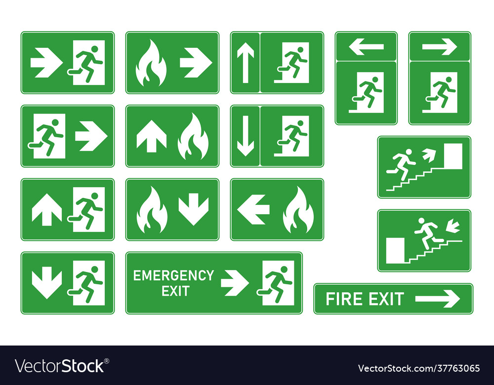 Set emergency fire exit green signs with Vector Image