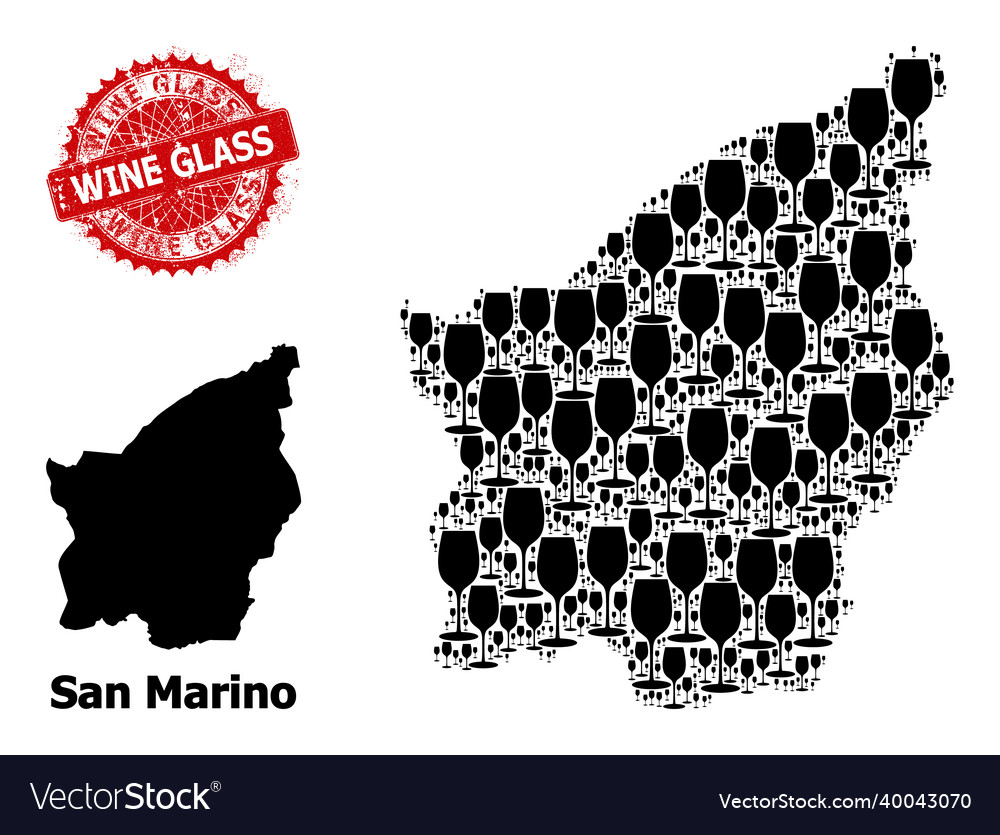 Grunge wine glass seal and san marino map collage