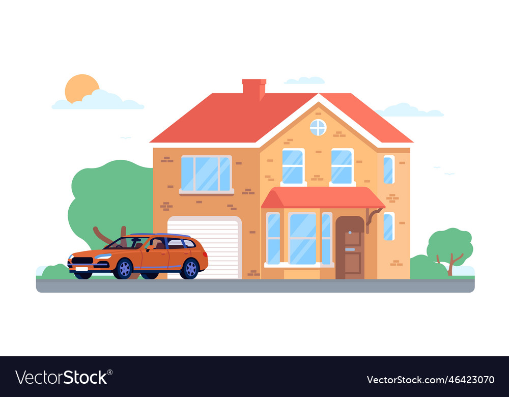 House facade cottage with garage mansion and car