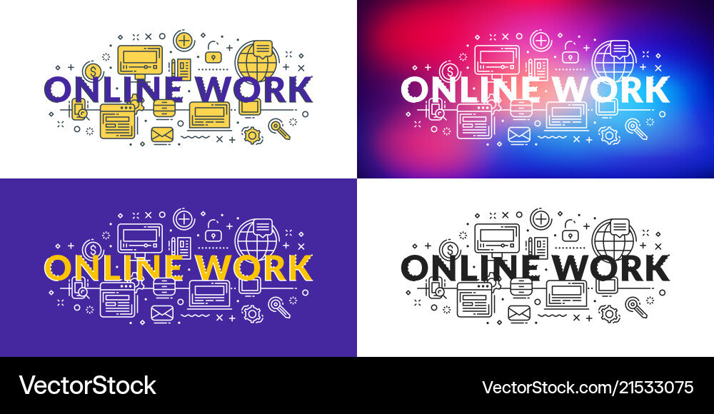 Online Work Flat Line Concept For Web Banner And Vector Image
