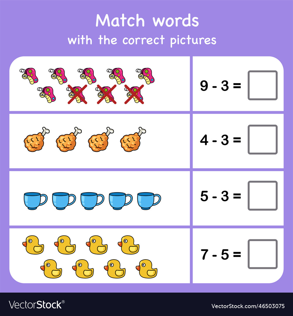 Subtract and match with pictures educational