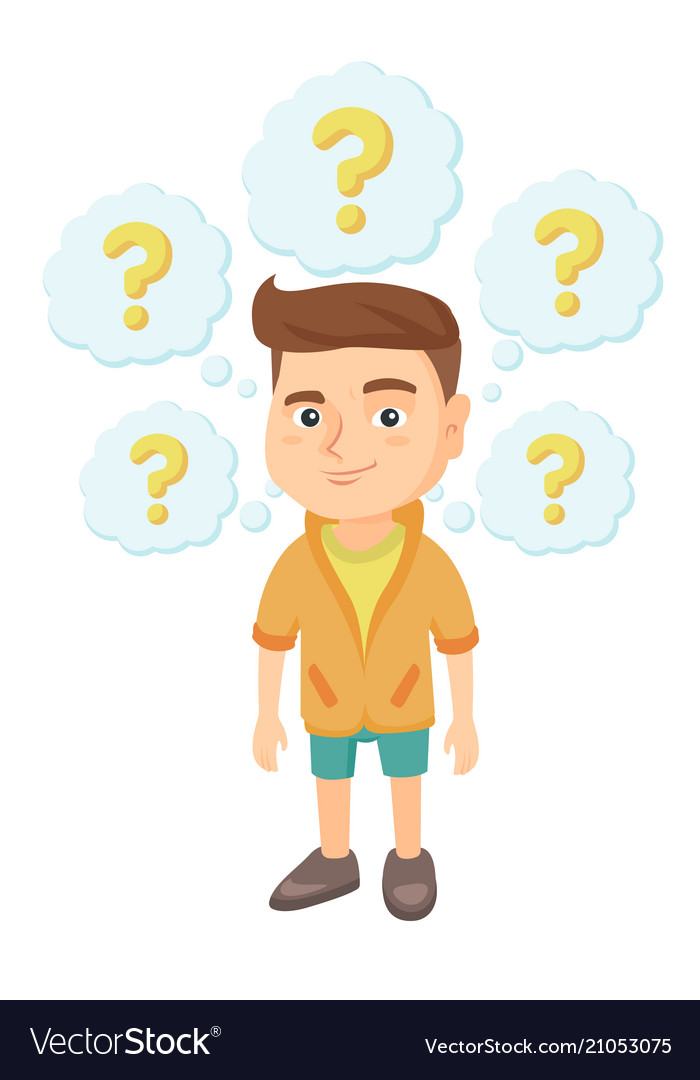 Thinking caucasian boy with question marks Vector Image