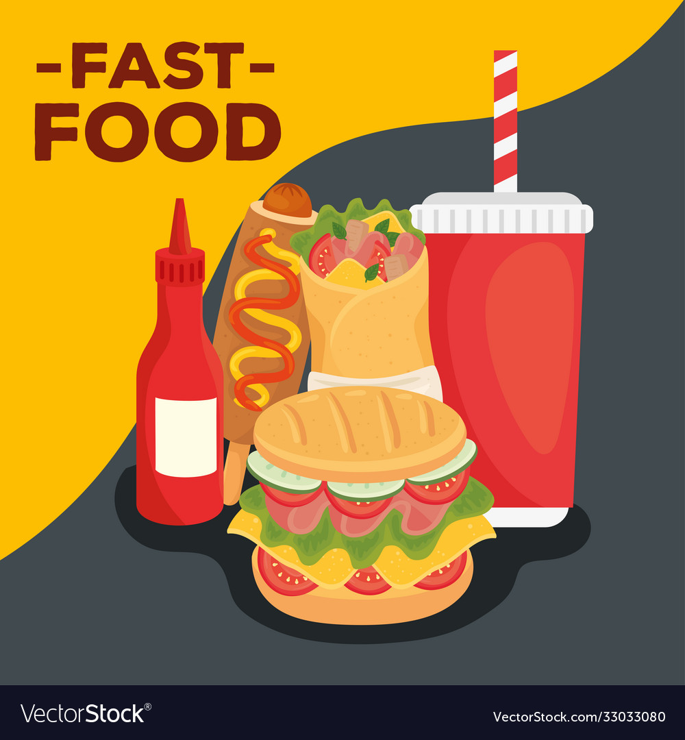 Fast food poster sandwich and set Royalty Free Vector Image