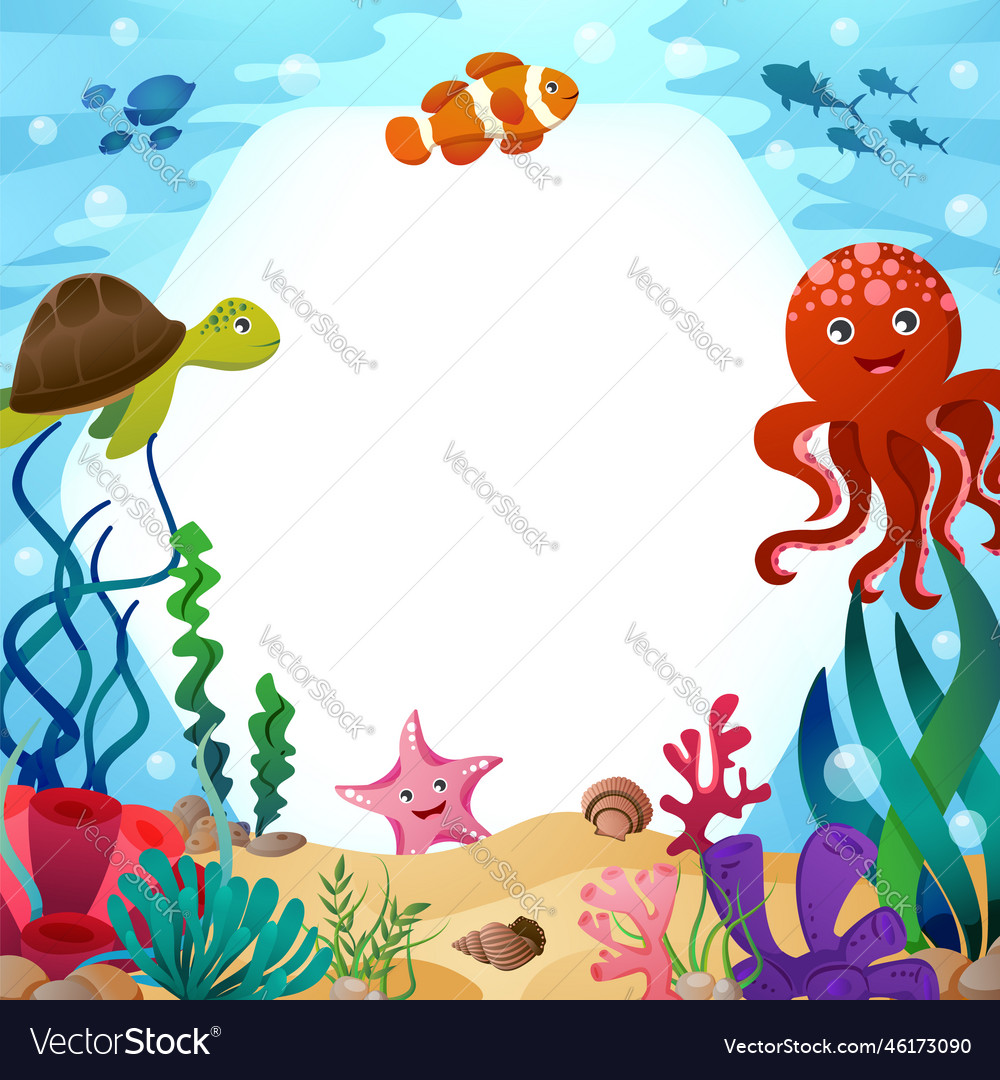 Sea life animals with ocean scene and hexagon Vector Image