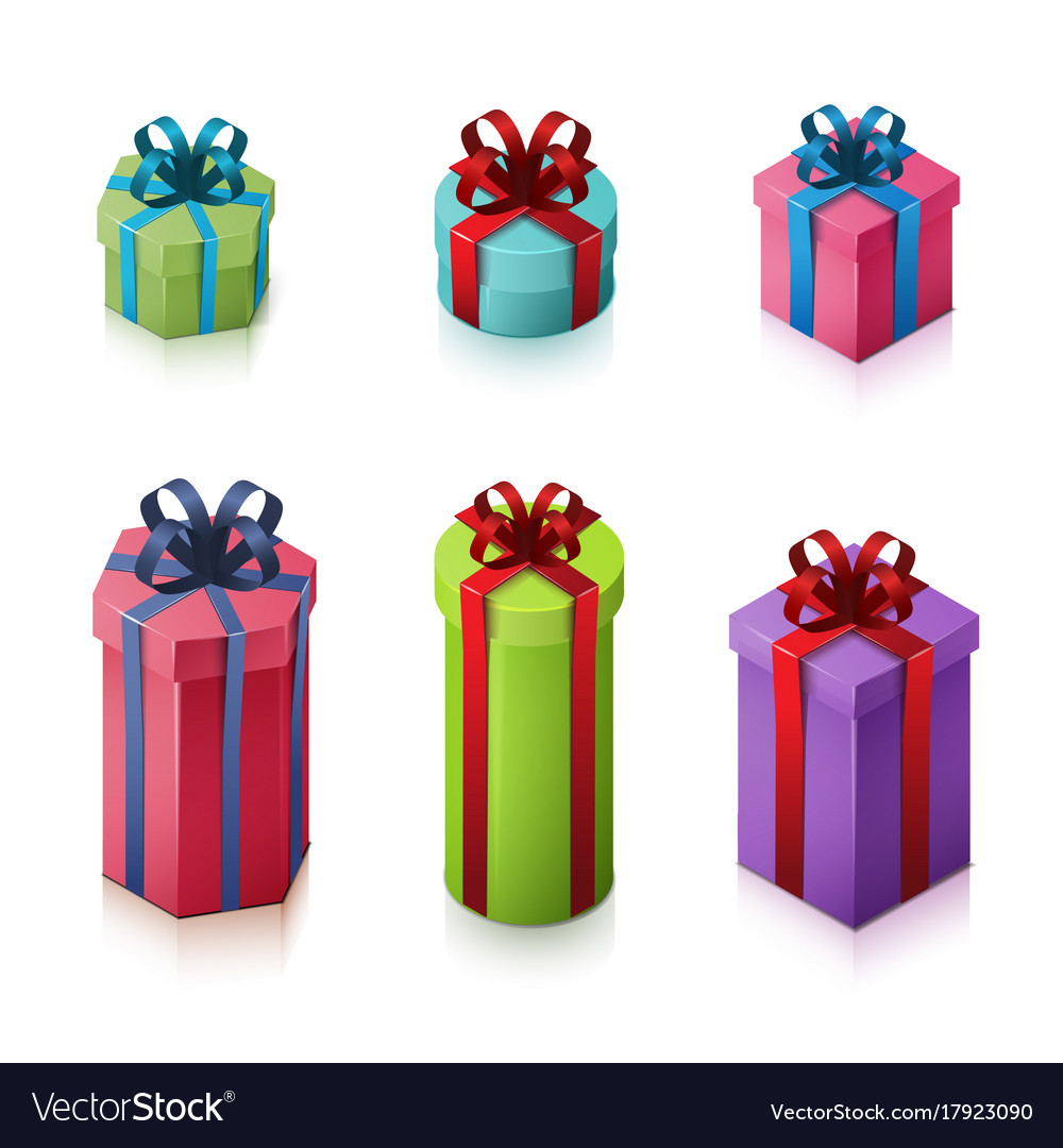 Set of gift boxes with bows and ribbons isometric