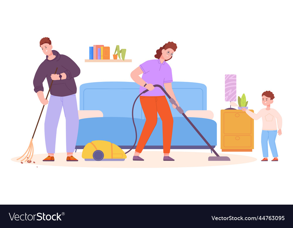 Family housework parents cleaning room kid Vector Image