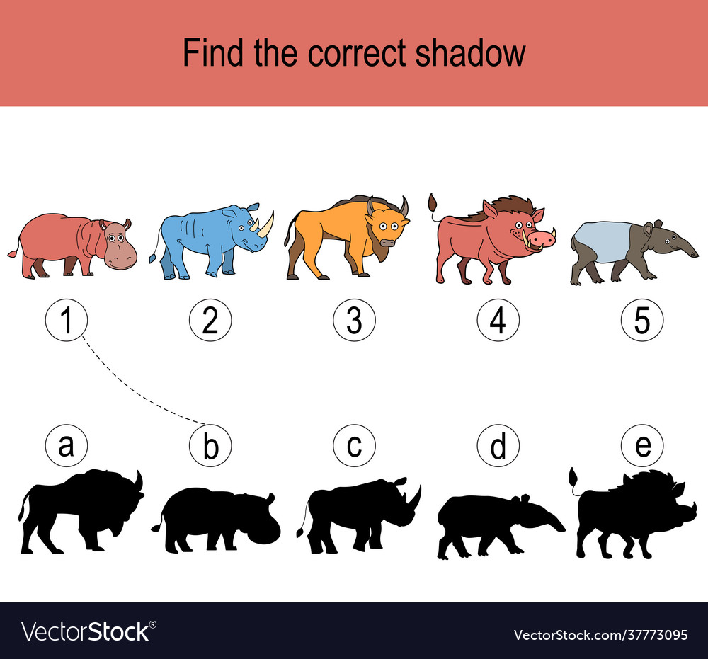 Find correct shadow puzzle with animals Royalty Free Vector Find correct shadow puzzle with animals Royalty Free Vector