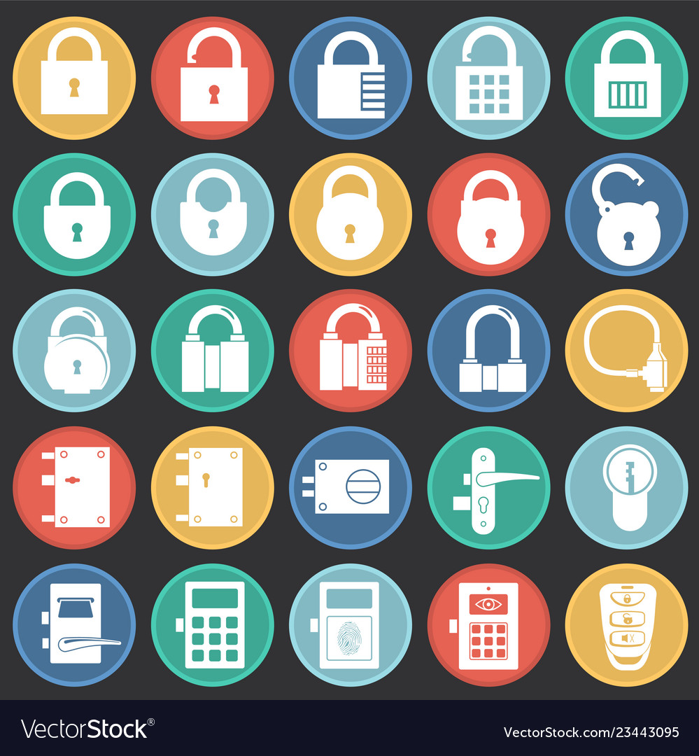 Lock icons set on color circles black background Vector Image