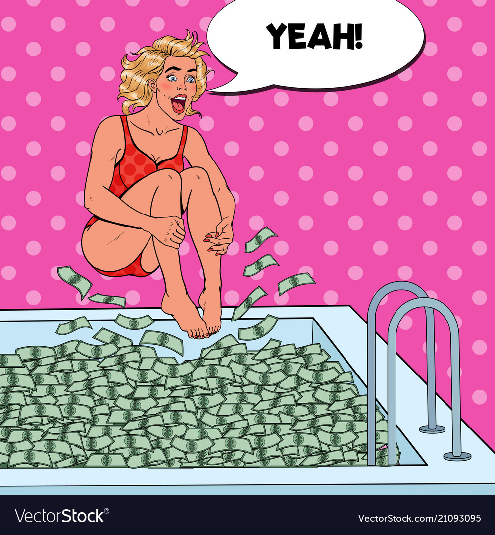 Pop art joyful woman jumping to the pool of money