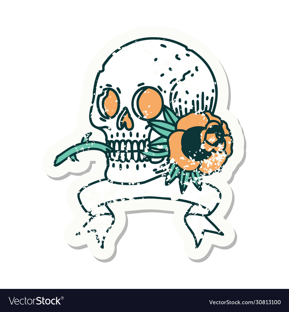 Grunge sticker with banner a skull and rose